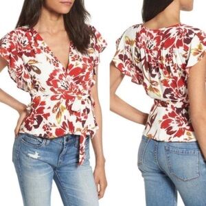 Lovers + Friends White Red Golden Yellow Floral Wrap Top Size Small NWT